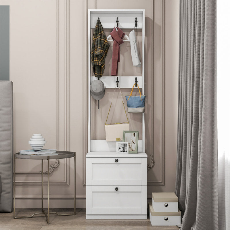 White Entryway Hall Tree With Hooks And Two Drawer Storage Cabinet