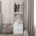 White Entryway Hall Tree With Hooks And Two Drawer Storage Cabinet