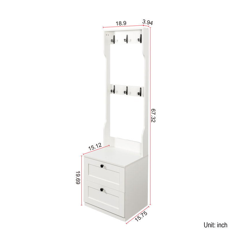 White Entryway Hall Tree With Hooks And Two Drawer Storage Cabinet