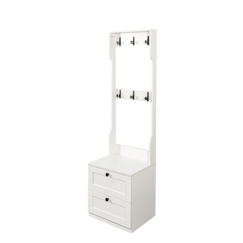 White Entryway Hall Tree With Hooks And Two Drawer Storage Cabinet