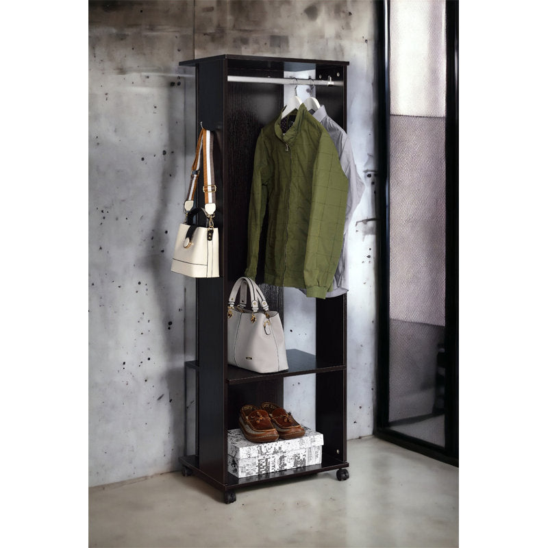 Black Hall Tree Organizer With Clothing Rod and Rolling Wheels