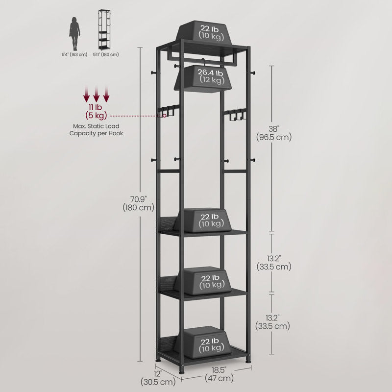 Industrial Metal Hall Tree With Garment Rod Hooks and Storage Shelves