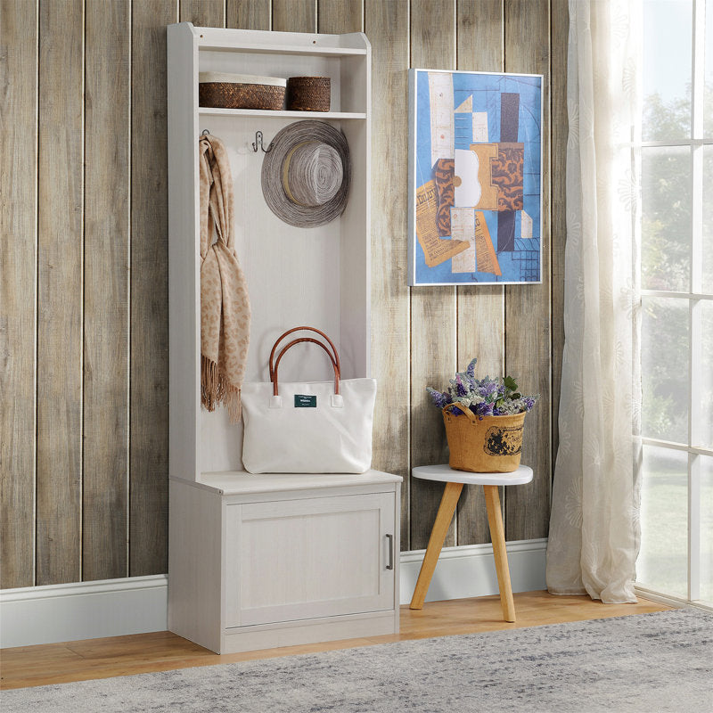 White Hall Tree Entryway Organizer With Hooks Shelf and Storage Bench