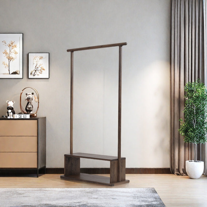 Modern Wooden Hall Tree With Garment Rod and Bottom Storage Shelf
