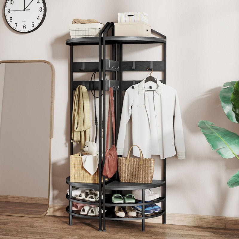 Corner Hall Tree Coat Rack With Top Shelf and Storage Shelves