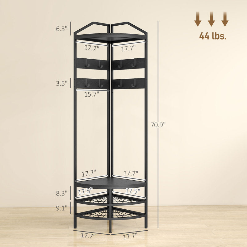 Corner Hall Tree Coat Rack With Top Shelf and Storage Shelves
