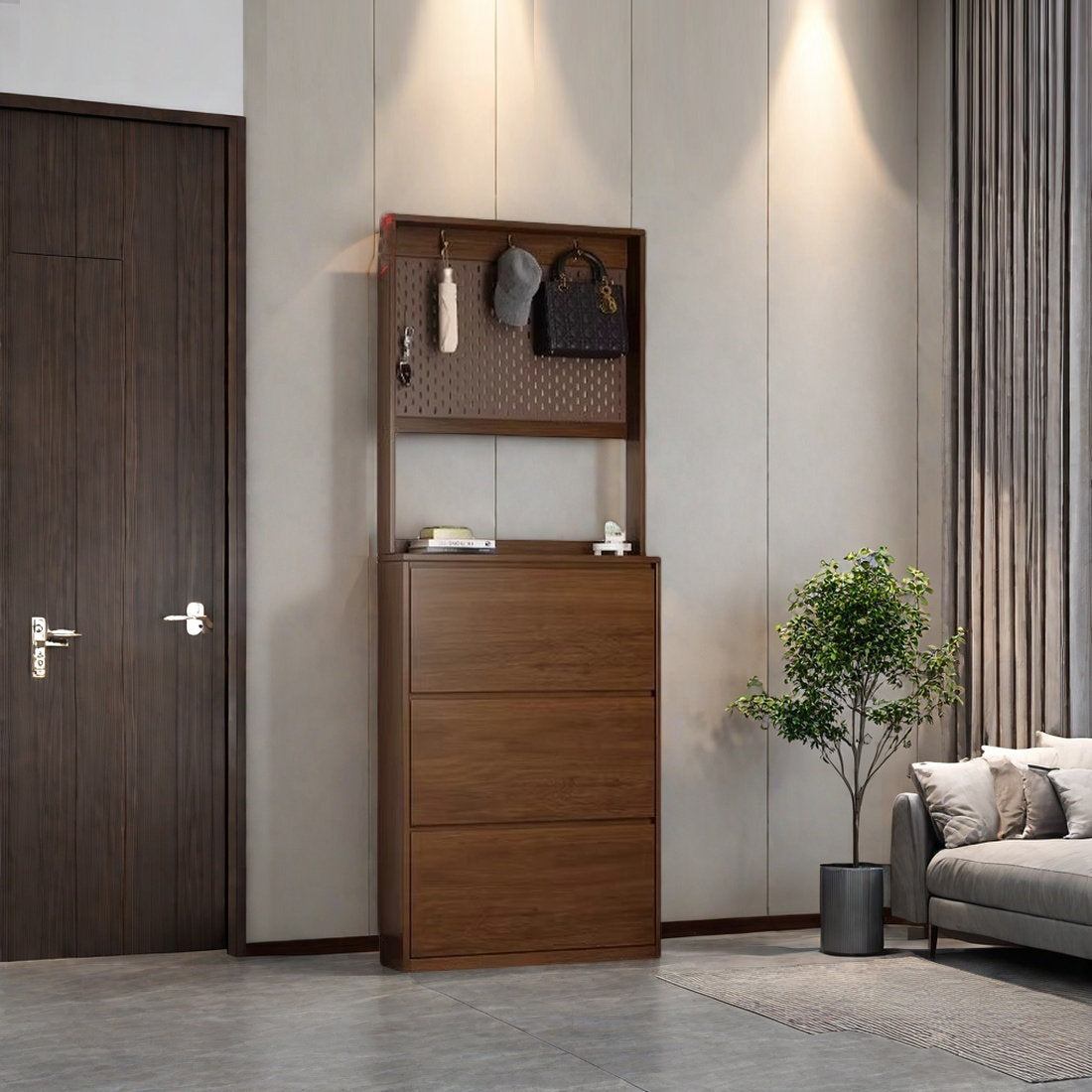 Modern Wood Hall Tree Entryway Organizer With Hooks and Storage Drawers