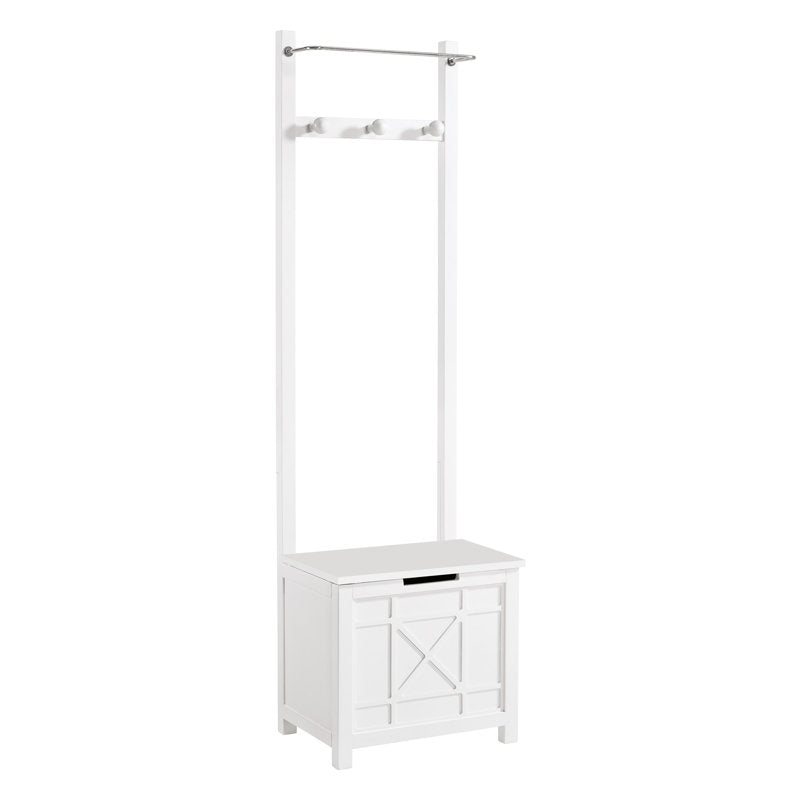 White Entryway Hall Tree With Towel Bar and Storage Bench