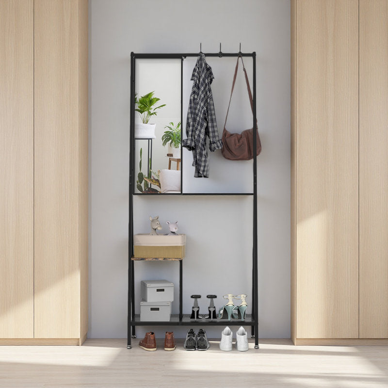 Modern Hall Tree With Mirror Coat Hooks and Bottom Storage Shelf