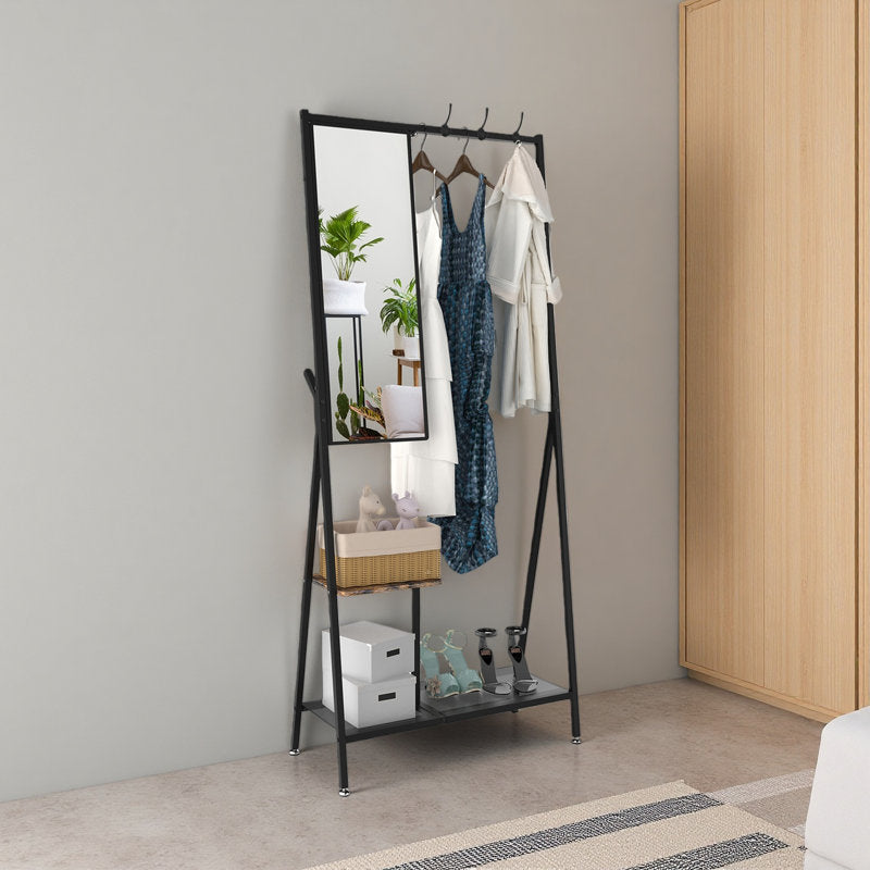 Modern Hall Tree With Mirror Coat Hooks and Bottom Storage Shelf