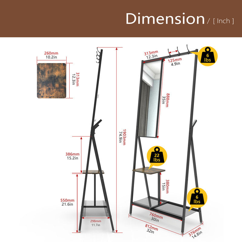 Modern Hall Tree With Mirror Coat Hooks and Bottom Storage Shelf