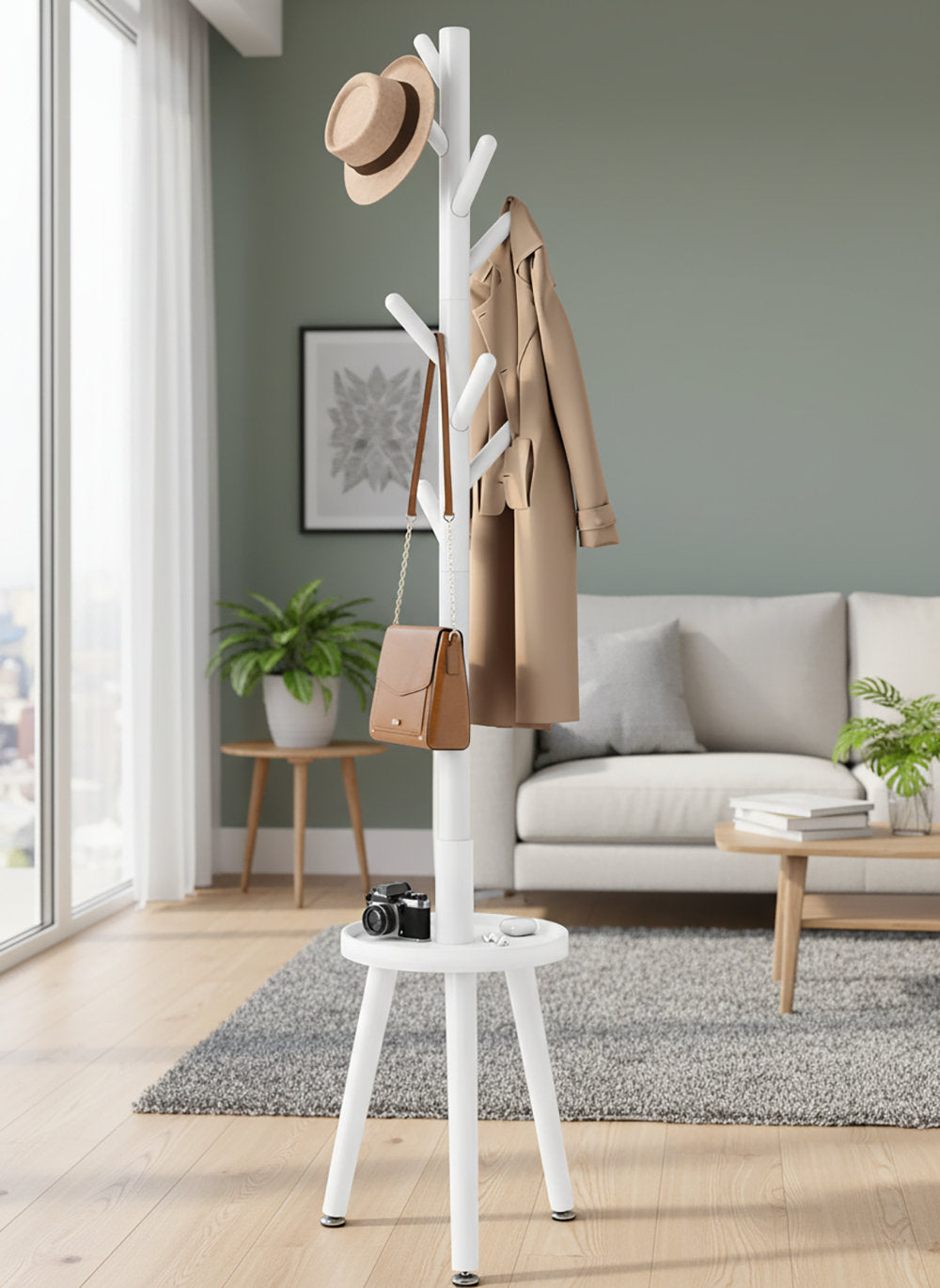 Minimalist White Hall Tree Coat Rack With Multi Hook Design