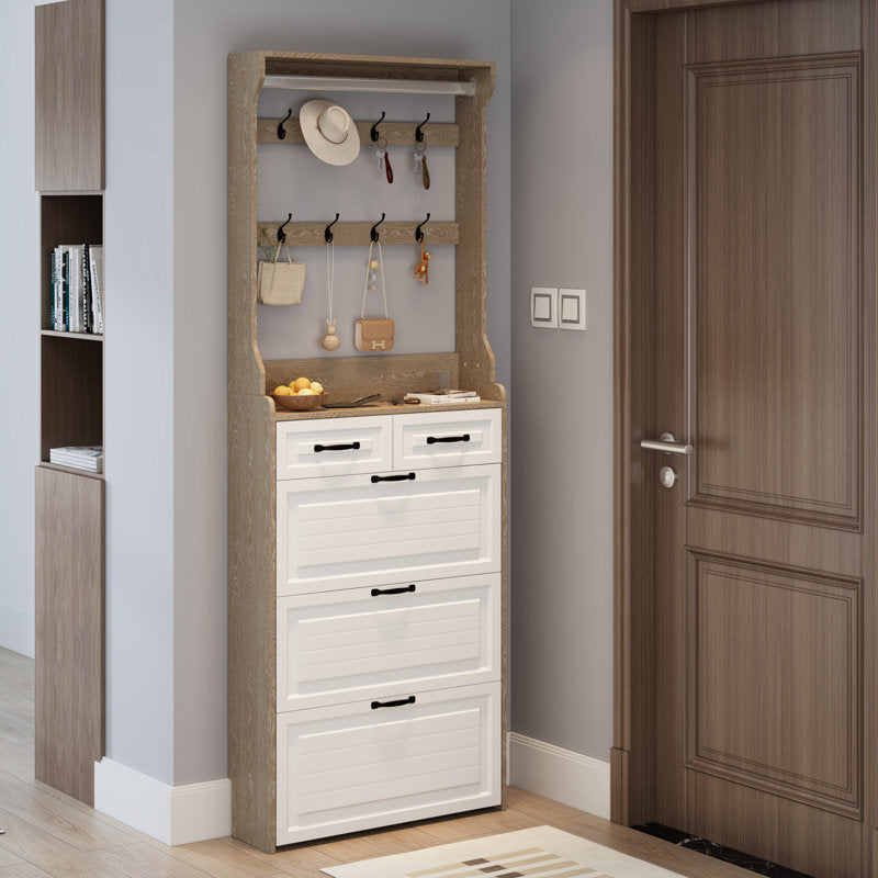 Entryway Hall Tree With Coat Hooks and Multi Drawer Cabinet