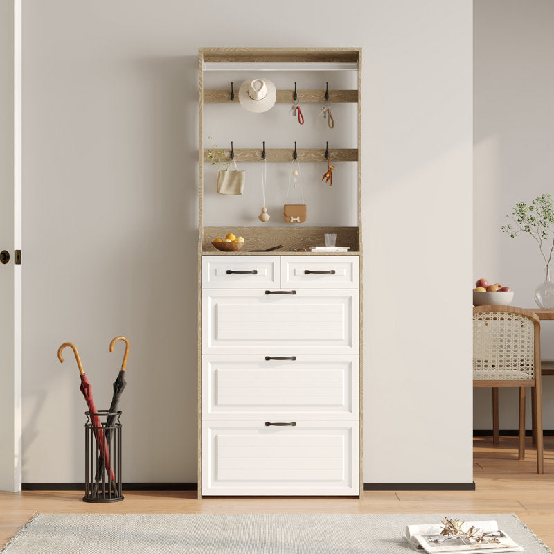 Entryway Hall Tree With Coat Hooks and Multi Drawer Cabinet
