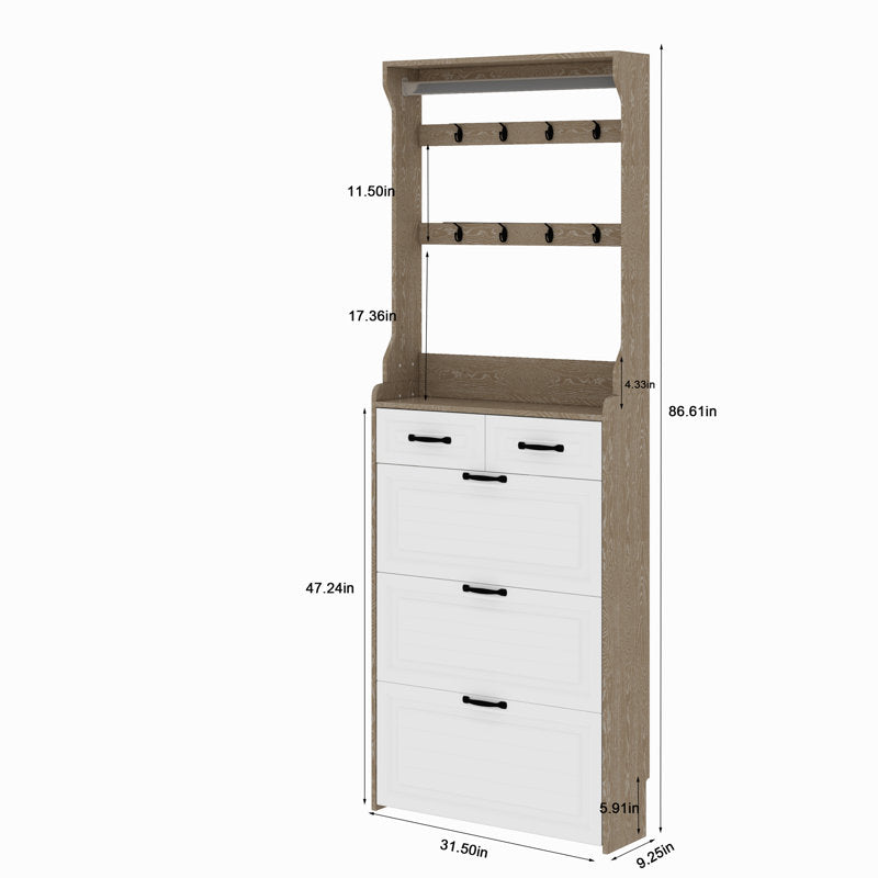 Entryway Hall Tree With Coat Hooks and Multi Drawer Cabinet