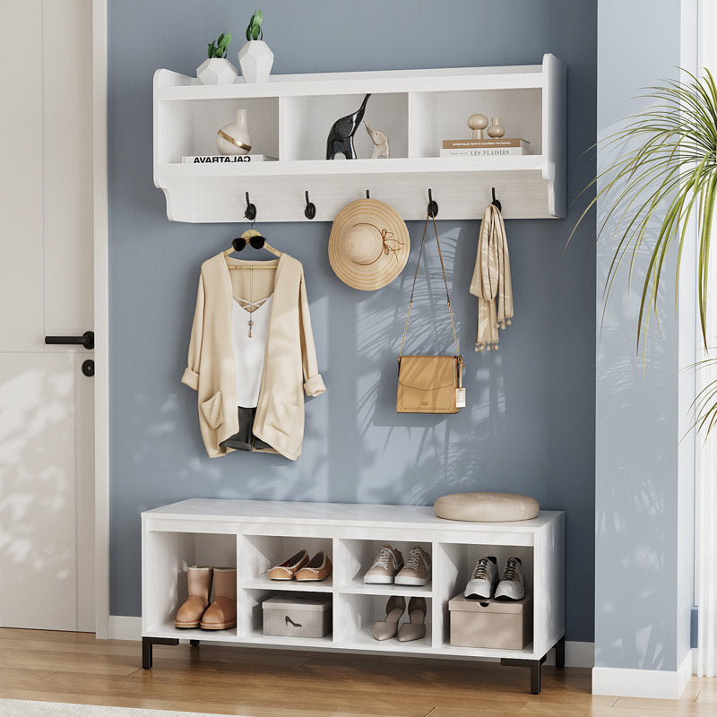 Modern Entryway Hall Tree With Wall Mounted Shelf Hooks and Shoe Storage Bench