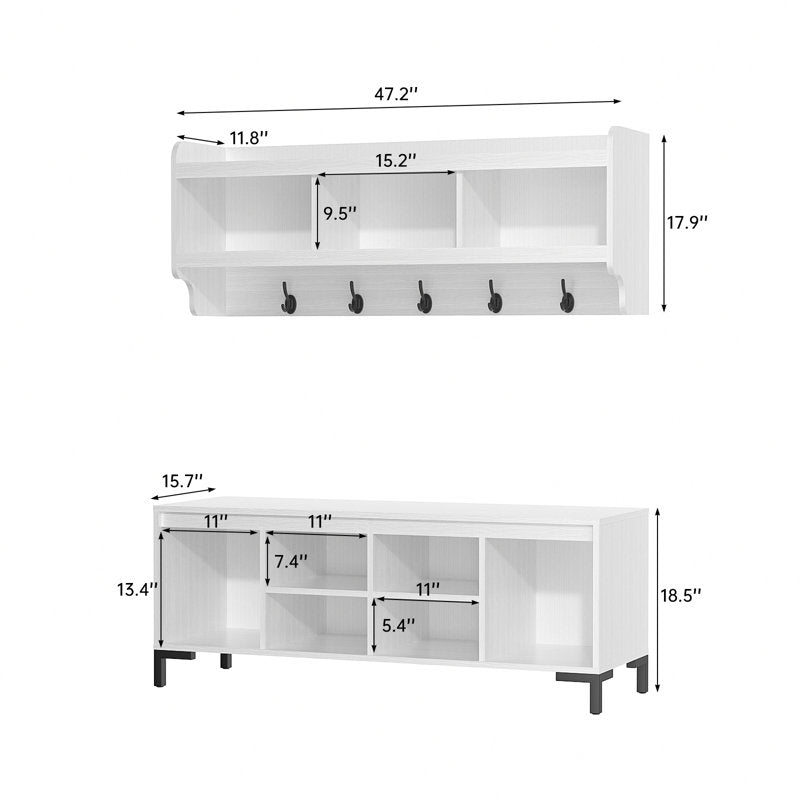 Modern Entryway Hall Tree With Wall Mounted Shelf Hooks and Shoe Storage Bench