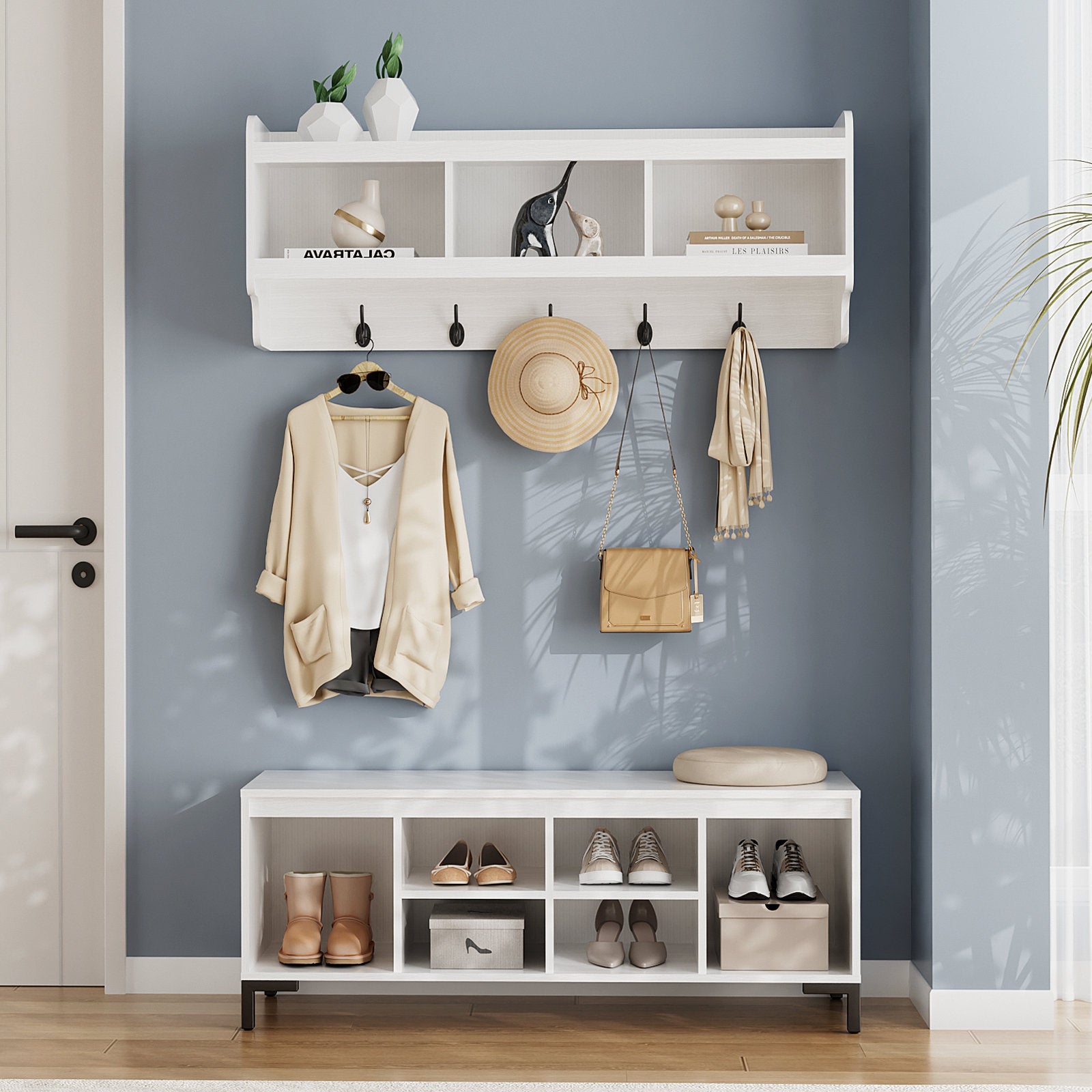 Modern Entryway Hall Tree With Wall Mounted Shelf Hooks and Shoe Storage Bench