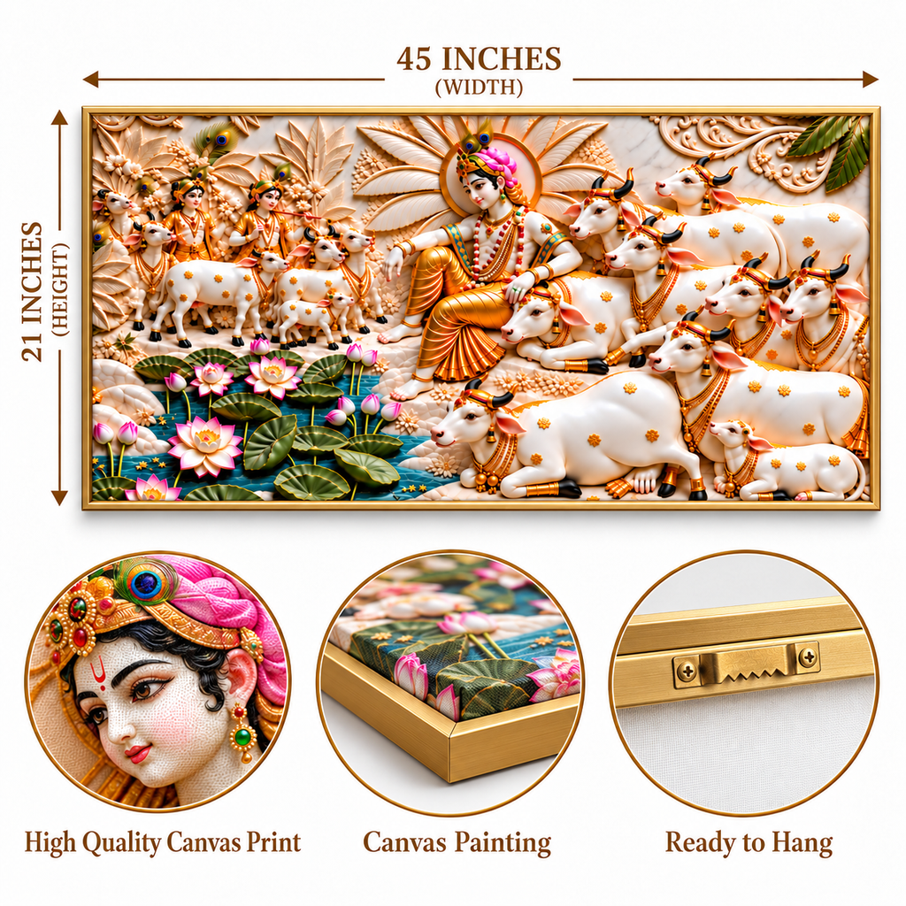 Divine 3D Krishna Cow Painting – Sacred Cows, Lotus Flowers & Gold Embossed Artwork