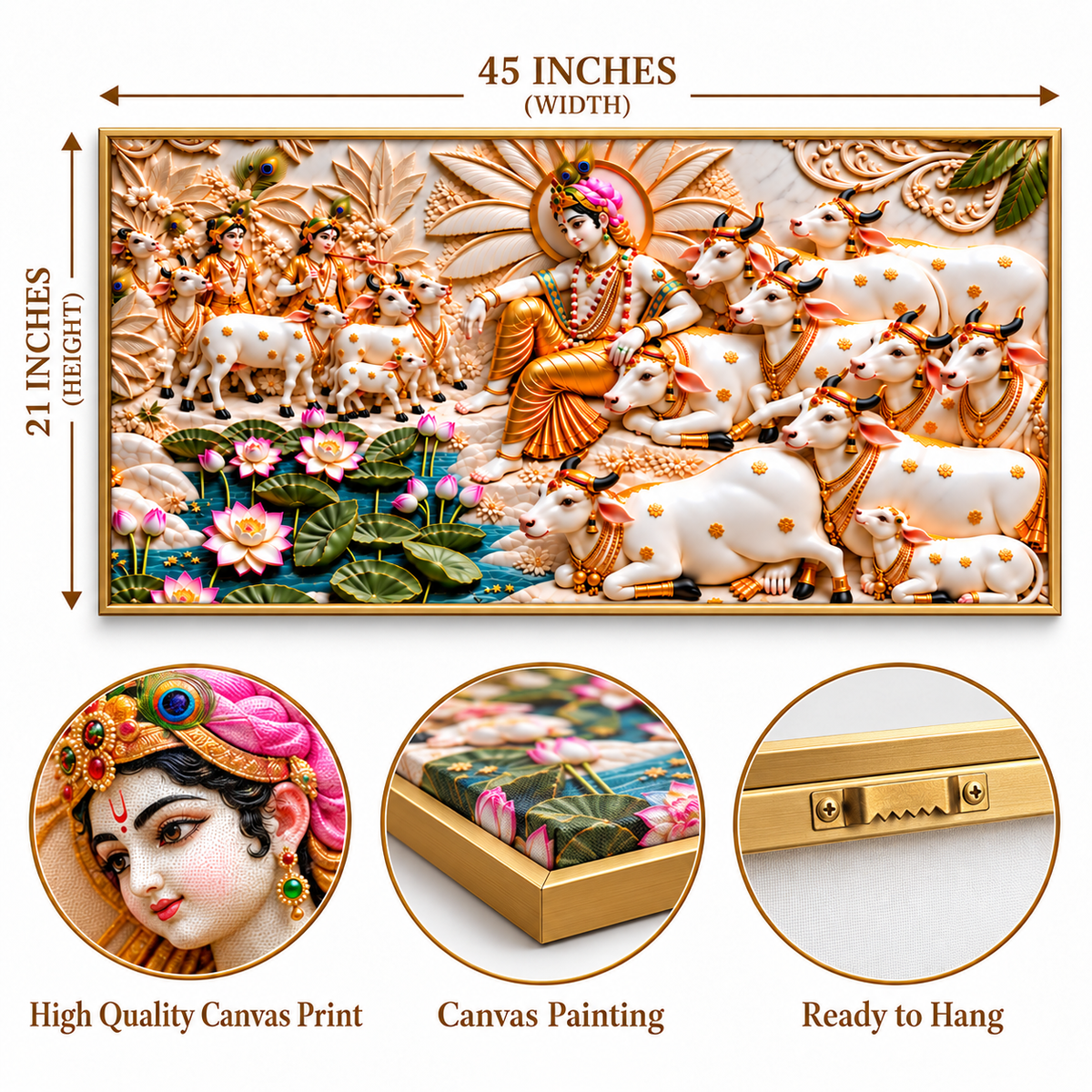 Divine 3D Krishna Cow Painting – Sacred Cows, Lotus Flowers & Gold Embossed Artwork