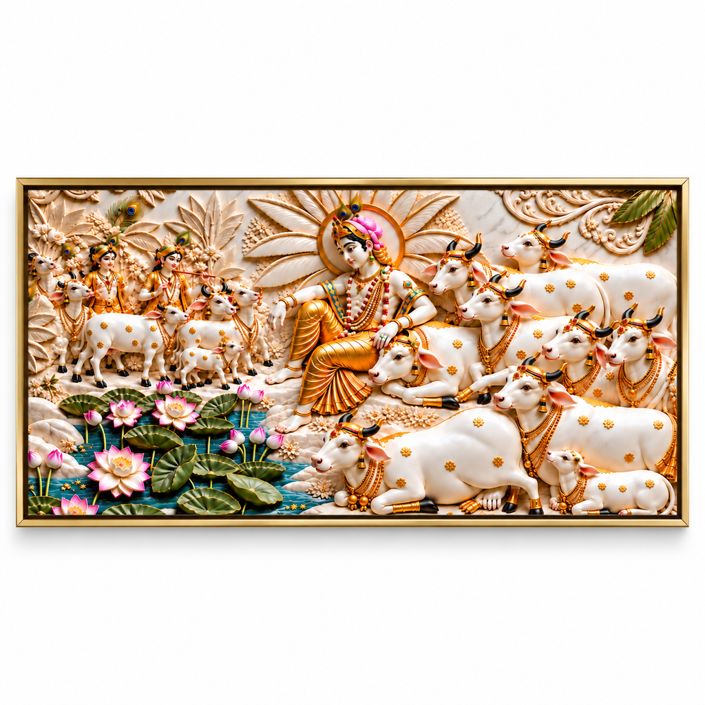 Divine 3D Krishna Cow Painting – Sacred Cows, Lotus Flowers & Gold Embossed Artwork