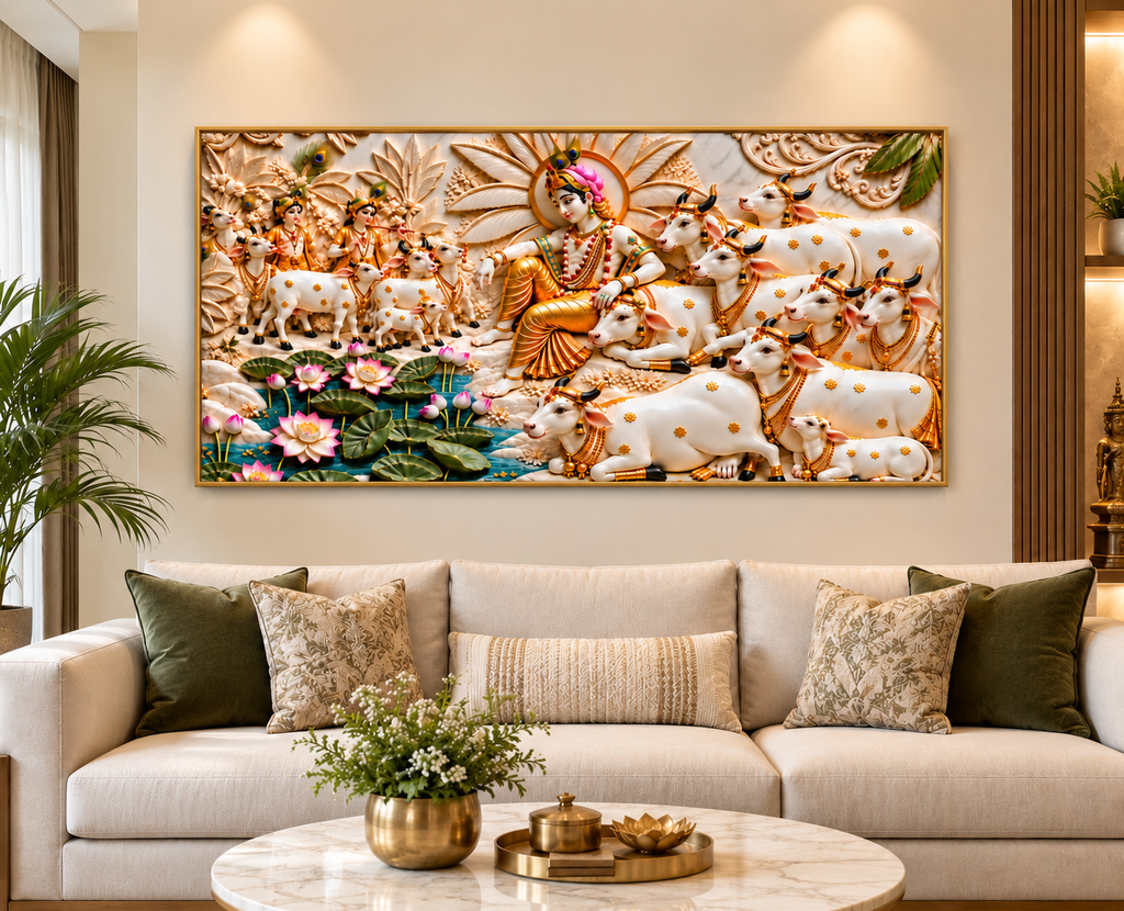 Divine 3D Krishna Cow Painting – Sacred Cows, Lotus Flowers & Gold Embossed Artwork