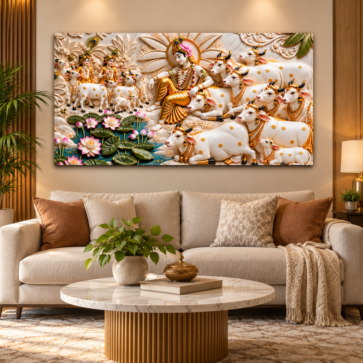 Divine 3D Krishna Cow Painting – Sacred Cows, Lotus Flowers & Gold Embossed Artwork