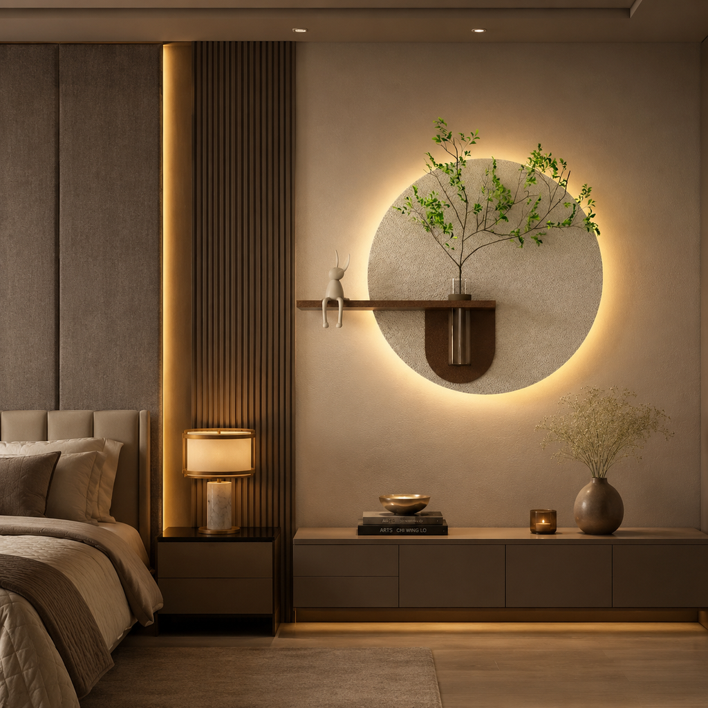 Contemporary Grace Circular Glow LED Light Wall Panel with Planter for Home & Office Spaces