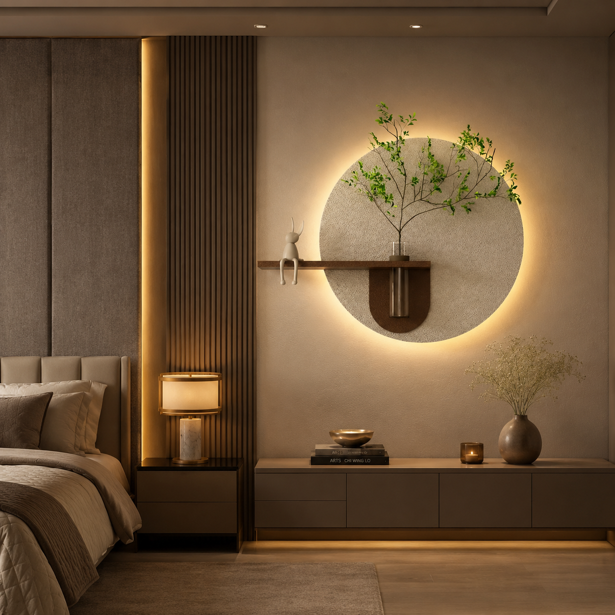 Contemporary Grace Circular Glow LED Light Wall Panel with Planter for Home & Office Spaces