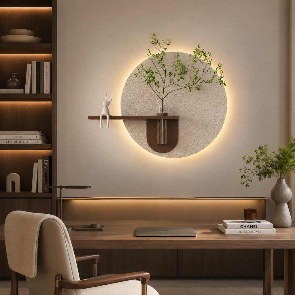 Contemporary Grace Circular Glow LED Light Wall Panel with Planter for Home & Office Spaces
