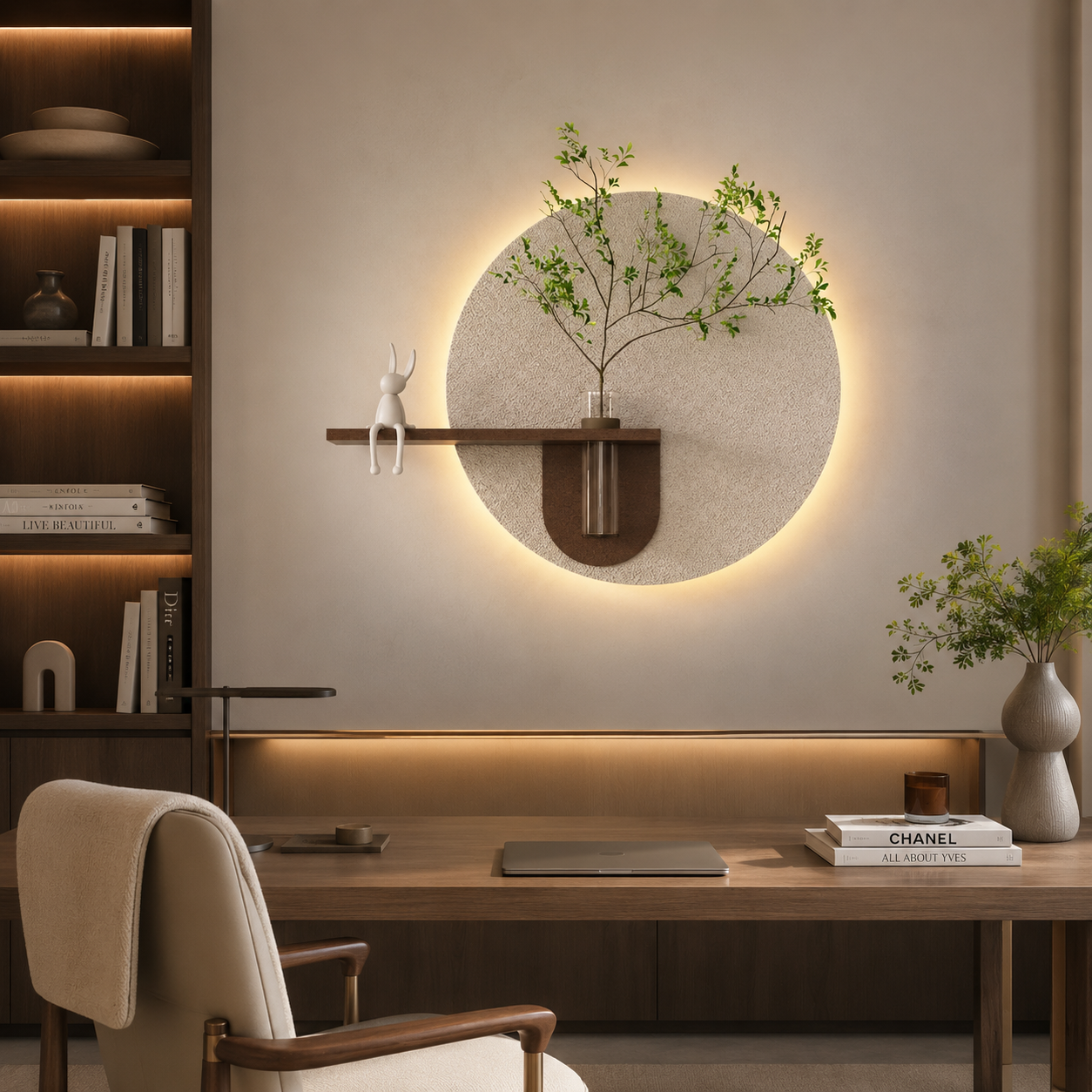 Contemporary Grace Circular Glow LED Light Wall Panel with Planter for Home & Office Spaces