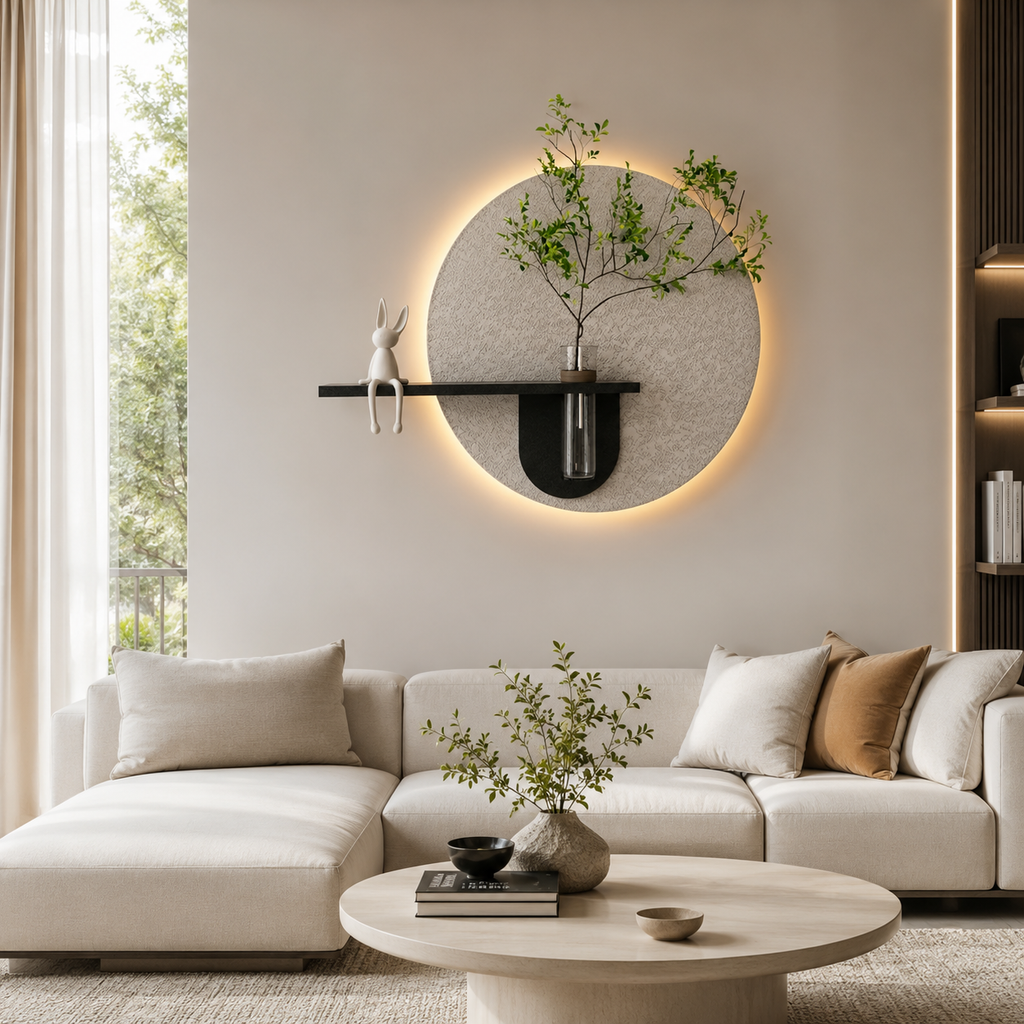 Contemporary Grace Circular Glow LED Light Wall Panel with Planter for Home & Office Spaces