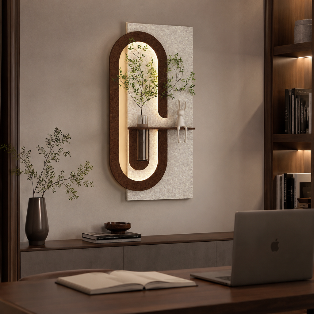 Modern Wall Art Panel with LED Lights & Planter for Home & Office Spaces