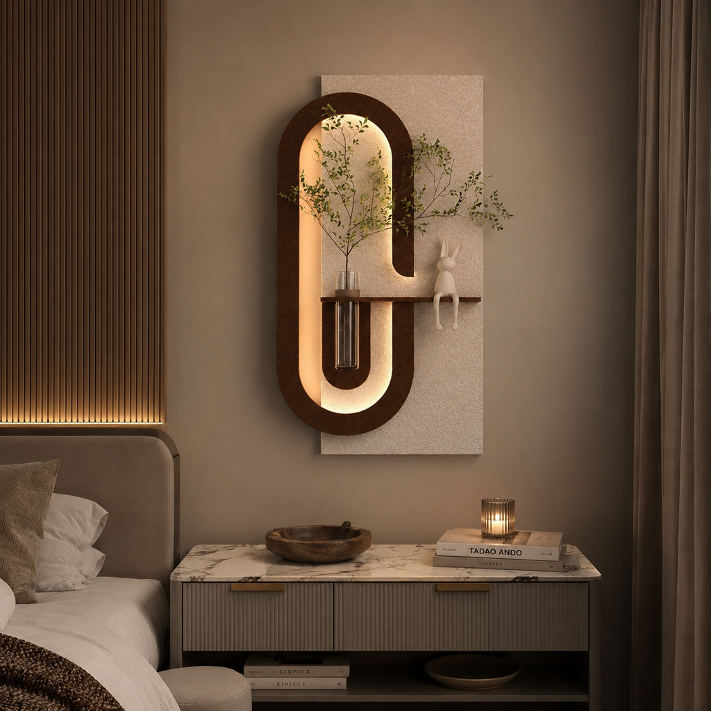 Modern Wall Art Panel with LED Lights & Planter for Home & Office Spaces