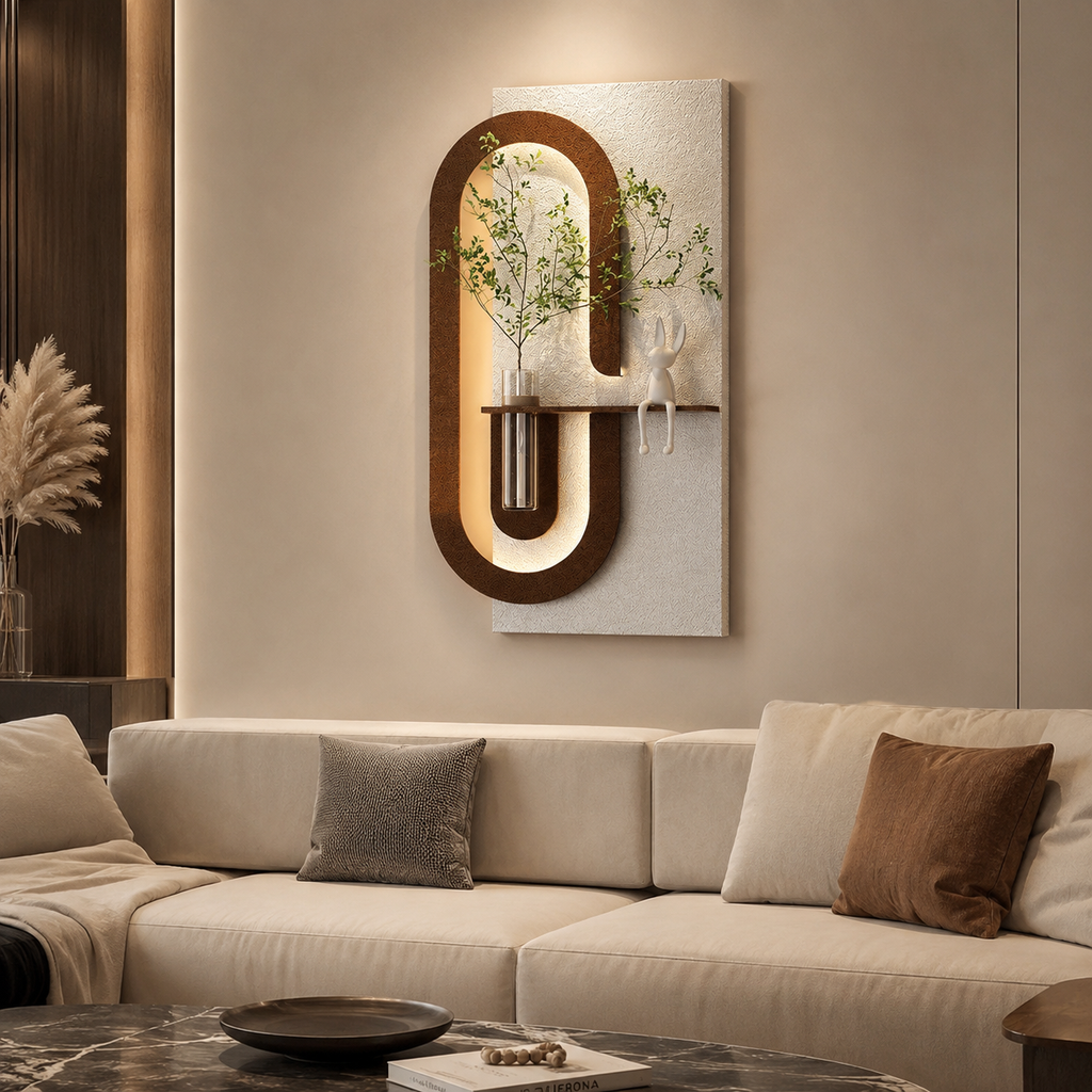 Modern Wall Art Panel with LED Lights & Planter for Home & Office Spaces