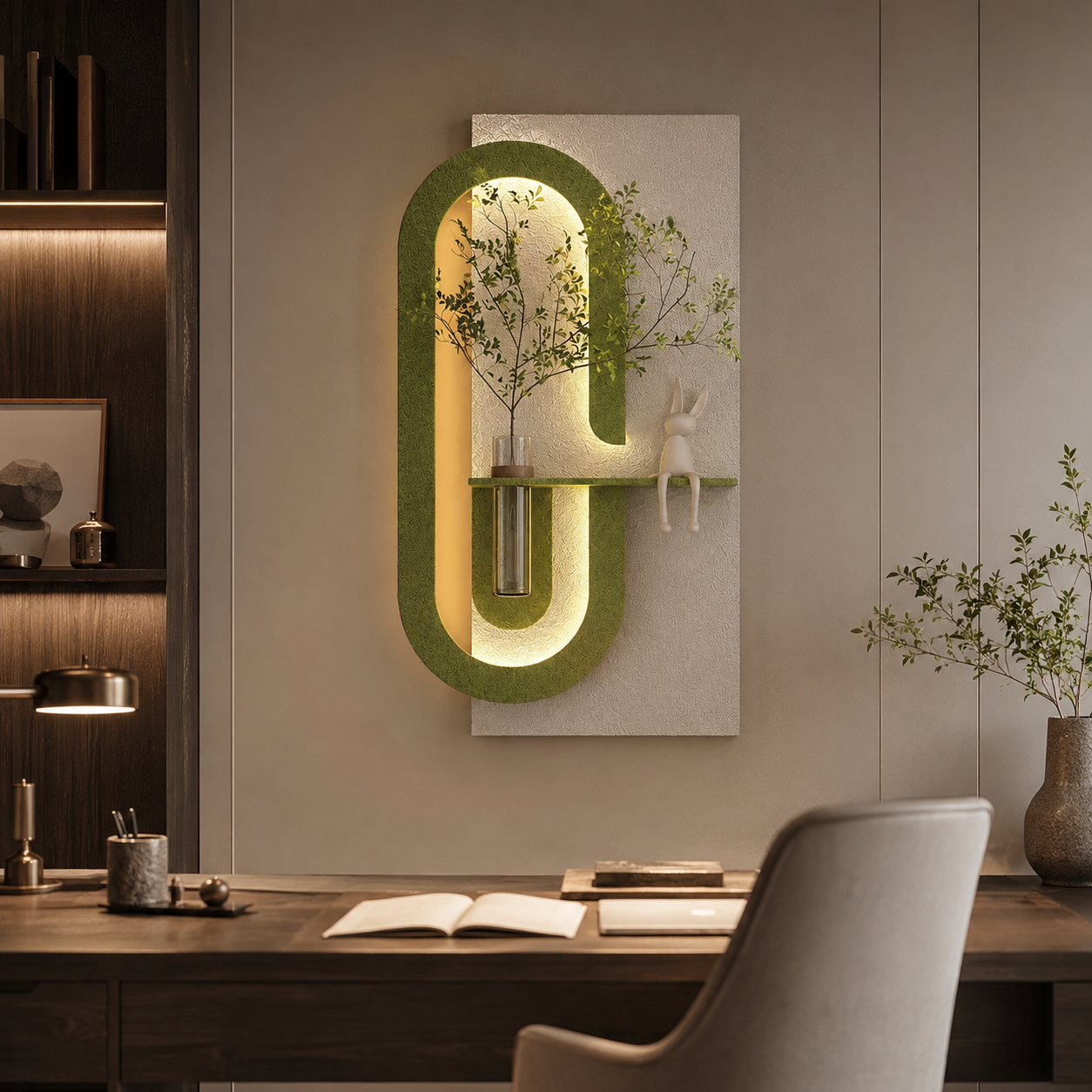 Modern Wall Art Panel with LED Lights & Planter for Home & Office Spaces