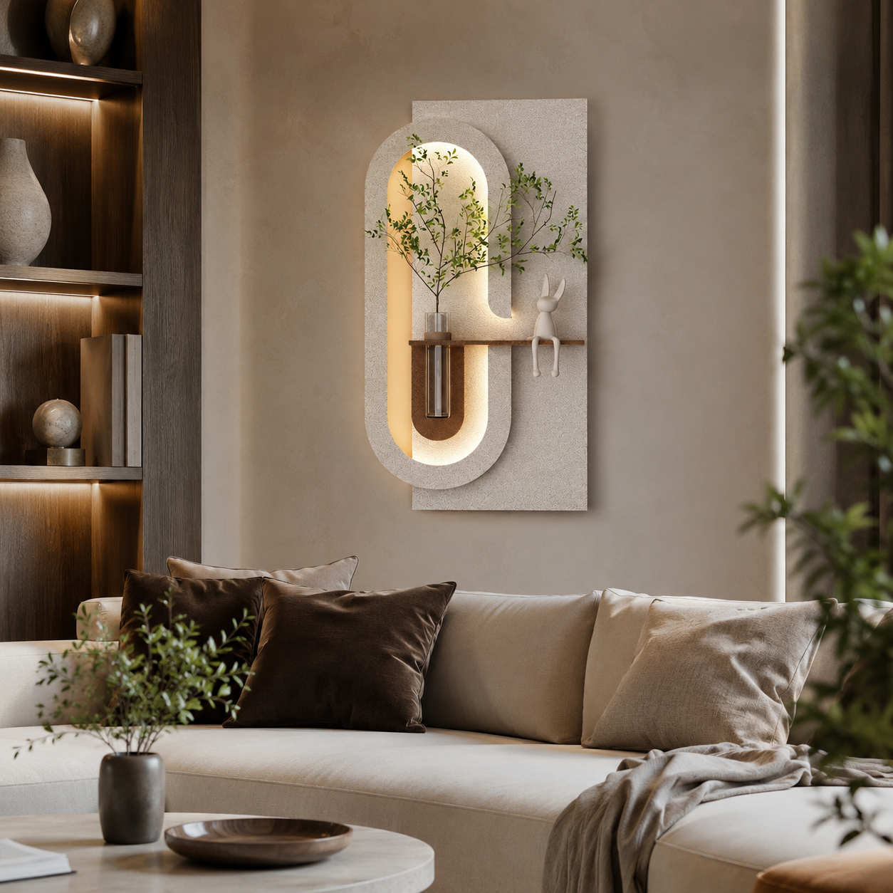 Modern Wall Art Panel with LED Lights & Planter for Home & Office Spaces