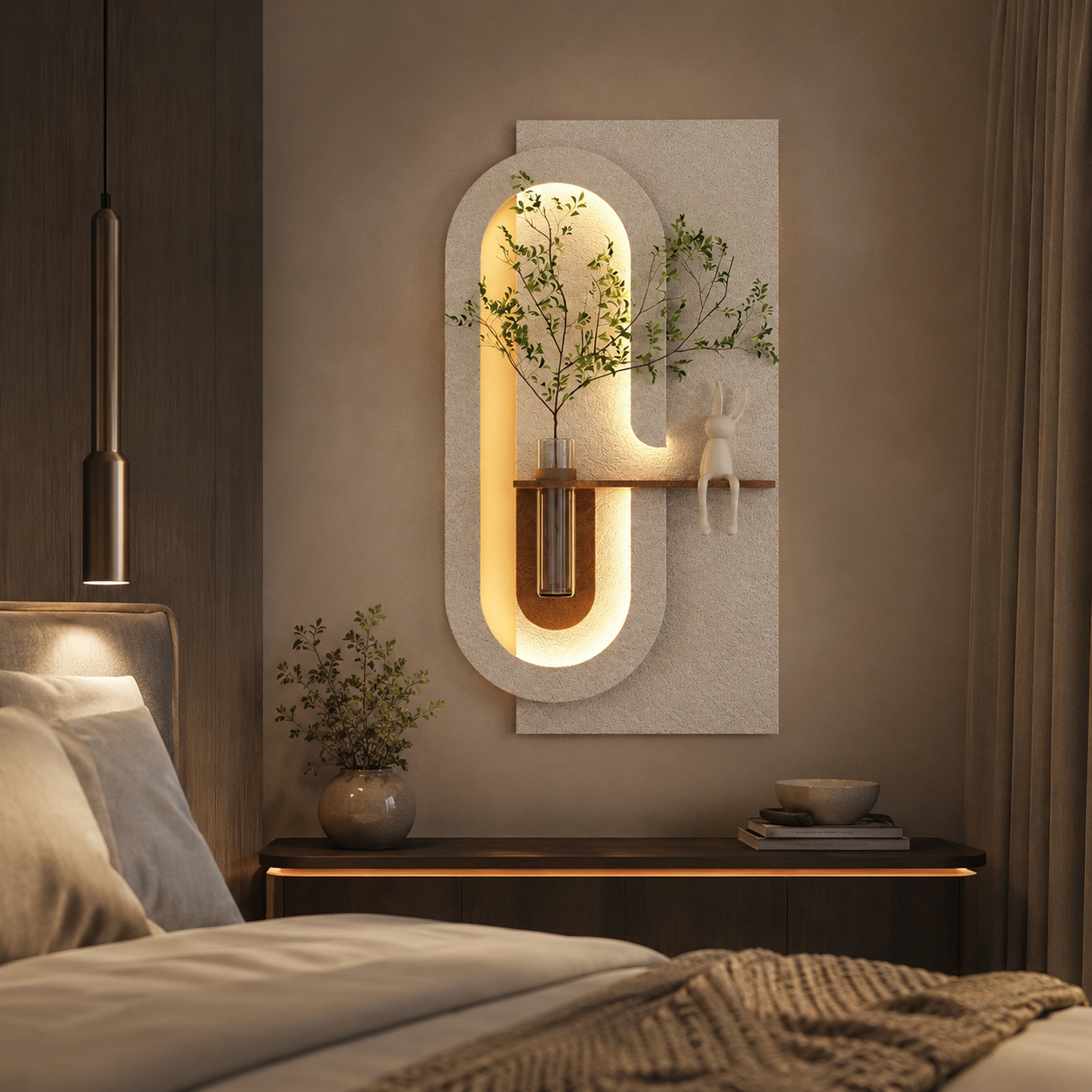 Modern Wall Art Panel with LED Lights & Planter for Home & Office Spaces