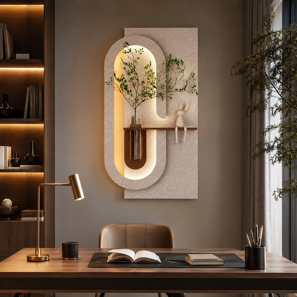 Modern Wall Art Panel with LED Lights & Planter for Home & Office Spaces
