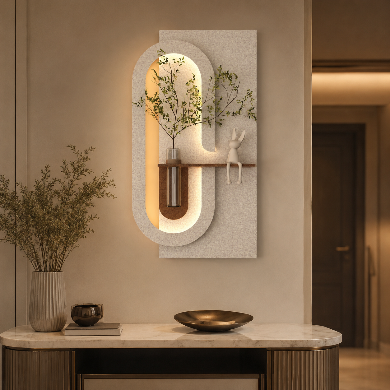 Modern Wall Art Panel with LED Lights & Planter for Home & Office Spaces