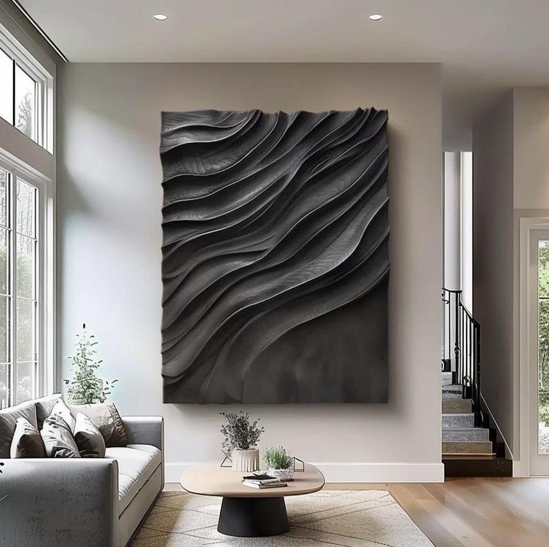 Large Black 3D Wall Art Panel with Wave Texture Design