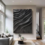 Large Black 3D Wall Art Panel with Wave Texture Design
