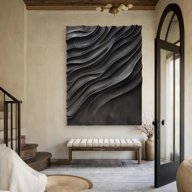Large Black 3D Wall Art Panel with Wave Texture Design