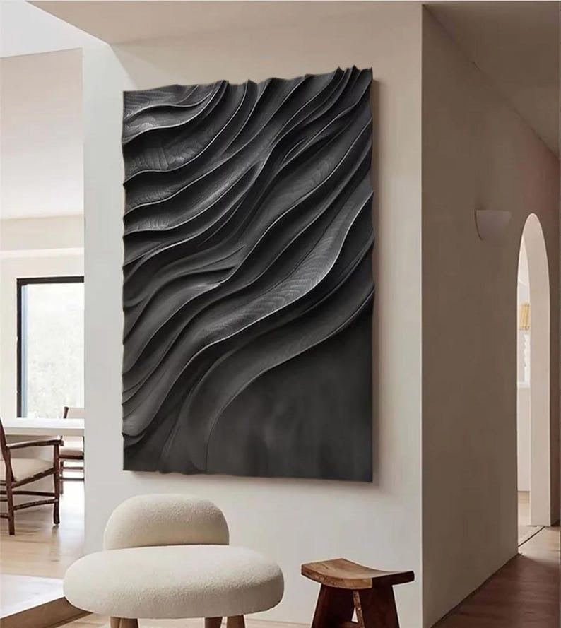 Large Black 3D Wall Art Panel with Wave Texture Design