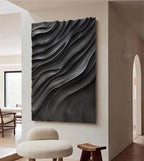 Large Black 3D Wall Art Panel with Wave Texture Design