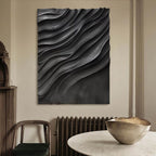 Large Black 3D Wall Art Panel with Wave Texture Design