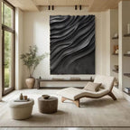 Large Black 3D Wall Art Panel with Wave Texture Design