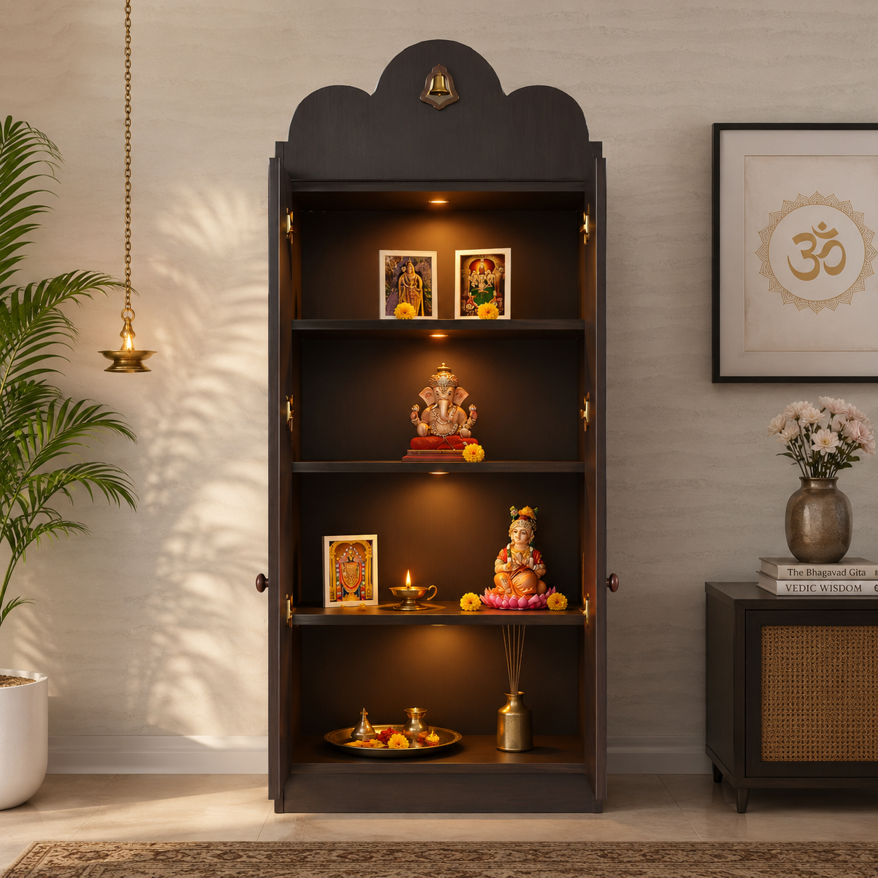 Luxurious Dark Brown Finish Wooden Floor Temple with Bells for Home & Office