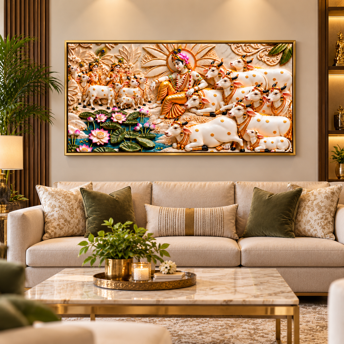 Divine 3D Krishna Cow Painting – Sacred Cows, Lotus Flowers & Gold Embossed Artwork