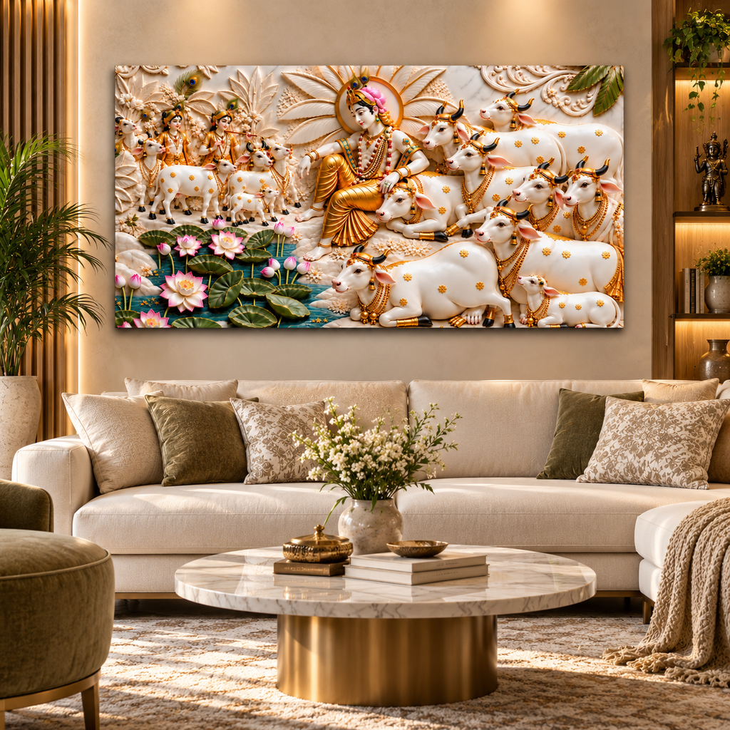 Divine 3D Krishna Cow Painting – Sacred Cows, Lotus Flowers & Gold Embossed Artwork